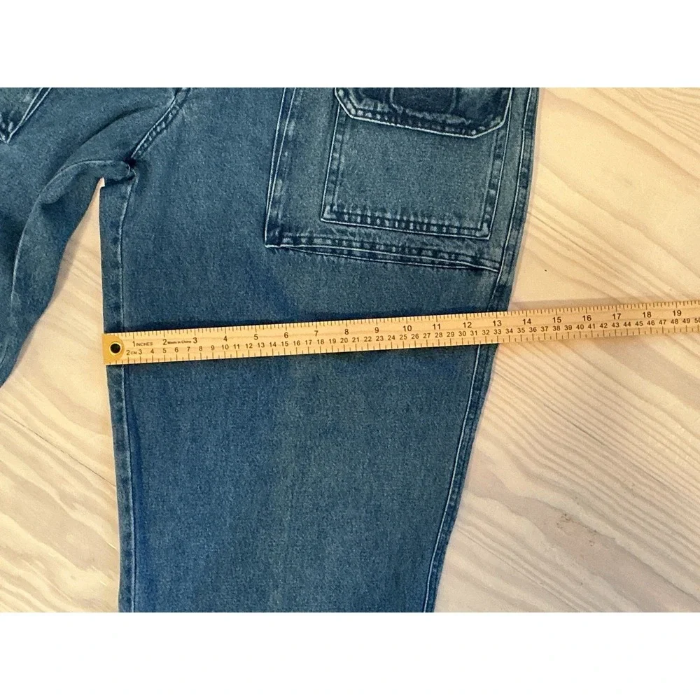 RW Rugged Vintage Mens Blue Denim Cargo Pants Pleated Relaxed Fit 36x32 Utility